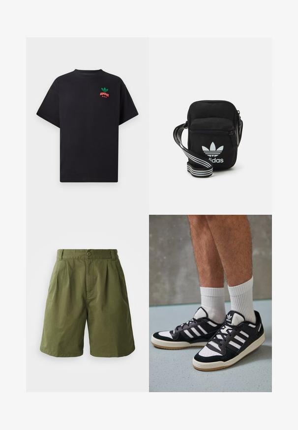Zwarte katoenen t-shirt met korte mouwen, met een groen en rood Adidas-logo ontwerp op de borst. Eenvoudige, ontspannen pasvorm.; Olijfgroene shorts van lichtgewicht stof, met een geplooide voorkant, knoopsluiting en zijzakken, met een recht gesneden ontwerp.; Zwart-witte sneakers met een bovenwerk van suede en leer, voorzien van drie witte strepen, een geperforeerde neus en een rubberen gumzool.; Zwarte stoffen schoudertas met een ritssluiting, voorzien van een wit Adidas-logo en een gestreepte, verstelbare schouderband voor gemakkelijk dragen.