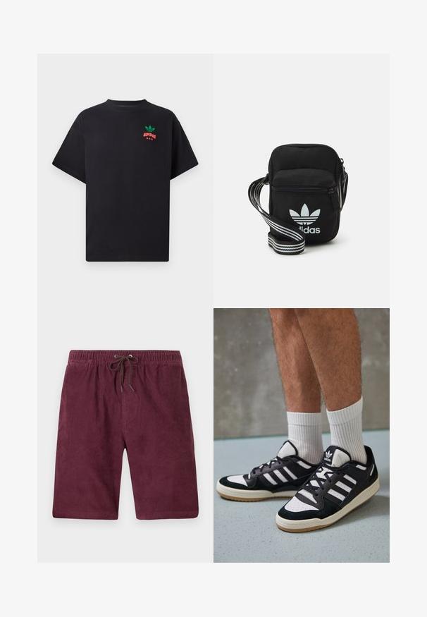 Schwarzes Baumwoll-T-Shirt mit kurzen Ärmeln, mit einem grünen und roten Adidas-Logo-Design auf der Brust. Einfacher, lässiger Schnitt.; Burgunderfarbene Cordshorts mit elastischem Bund und Kordelzug. Mit vertikaler Rippstruktur und normaler Länge.; Schwarz-weiße Sneaker mit einem Obermaterial aus Wildleder und Leder, ausgestattet mit drei weißen Streifen, einer perforierten Zehenpartie und einer Sohle aus Gummi.; Schwarze Umhängetasche aus Stoff mit Reißverschluss, ausgestattet mit einem weißen Adidas-Logo und einem gestreiften, verstellbaren Tragegurt für einfachen Transport.