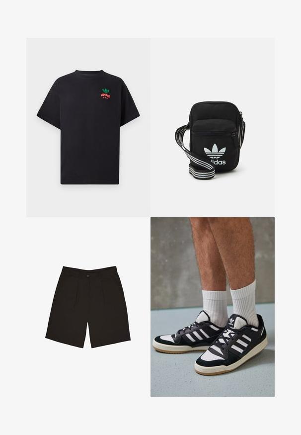 Čierne bavlnené tričko s krátkymi rukávmi, s dizajnom loga Adidas v zelenej a červenej farbe na hrudi. Jednoduchý, voľný strih.; Čierne šortky vyrobené z hladkej tkaniny, s jedným predným gombíkom, záhybmi a bočnými vreckami, navrhnuté pre uvoľnený strih.; Čierno-biele tenisky s vrchom z semišu a kože, s troma bielymi pruhmi, perforovanou špičkou a gumovou podrážkou.; Čierna textilná crossbody taška so zipsovým uzáverom, ktorá má biele logo Adidas a pruhovaný nastaviteľný popruh pre jednoduché nosenie.