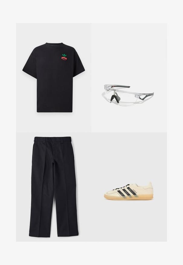 Svart bomulls t-shirt med korta ärmar, med en grön och röd Adidas-logotypdesign på bröstet. Enkel, avslappnad passform.; Svarta byxor gjorda av slitstarkt tyg, med rak skärning, midjeband med bältesömmar och utan synliga fickor eller dekorationer.; Ljust krämfärgad sneaker med svart tre-stripesdesign, strukturerad ovandel, rund tå och gummisula. Har snörning och varumärke på sidan.; Klara skyddsglasögon med en lätt, transparent ram och grå detaljer. Har en omslutande design och justerbar näsbrygga.