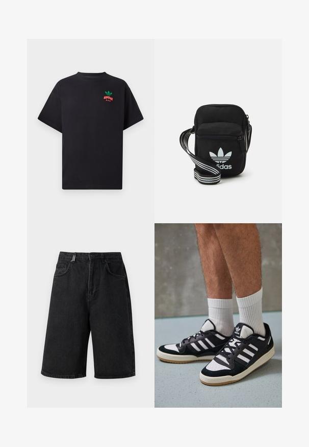 Musta puuvillapaita lyhyillä hihoilla, jossa on vihreä ja punainen Adidas-logo rintamuksessa. Yksinkertainen, rento leikkaus.; Mustat farkkushortsit, joissa on rento malli, keskikorkea vyötärö, viisi taskua ja vyölenkit. Kangas on sileä ja siinä on hienovaraisia ompeluyksityiskohtia.; Valkoiset ja mustat tennarit, joissa on mokkanahka- ja nahkapäällinen, kolme valkoista raitaa, rei'itetty kärki ja kumipohja.; Musta kangas olkalaukku vetoketjulla, jossa on valkoinen Adidas-logo ja raidallinen säädettävä hihna helppoa kantamista varten.