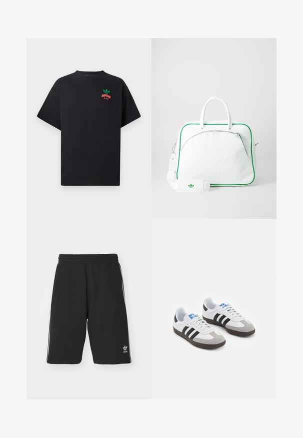 Tricou negru din bumbac cu mâneci scurte, având un design cu logo-ul Adidas verde și roșu pe piept. Simplu, cu un croi lejer.; Șorturi negre dintr-un material mix de bumbac, cu un brâu elastic, având dungi albe pe laterale și un logo mic în partea stângă jos.; Încălțăminte sport cu un superior din piele albă, vârf din suede gri și trei dungi negre. Prezintă un logo albastru pe limbă și o talpă din cauciuc texturat.; Geantă din piele albă cu detalii verzi, având un logo embosat proeminent, mânere duale, o curea detașabilă și un buzunar cu fermoar în față.