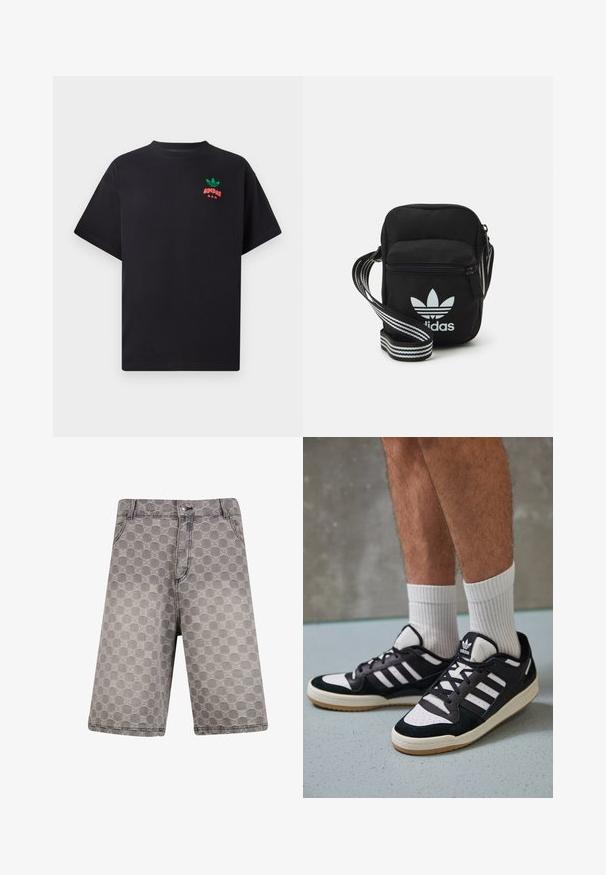 Črna bombažna majica s kratkimi rokavi, ki ima na prsih dizajn logotipa Adidas v zeleni in rdeči barvi. Preprost, sproščen kroj.; Sive oljene kratke hlače z okroglim vzorcem, s tradicionalnim dizajnom petih žepov in vidnimi šivi.; Črno-bele superge z zgornjim delom iz usnja in nubuka, ki imajo tri bele črte, perforiran vrh prstov in podplat iz gume.; Črna tkaninska torbica čez ramo z zadrgo, ki vsebuje belo Adidasovo logo in pridelano naramnico z več črtami za enostavno nošenje.