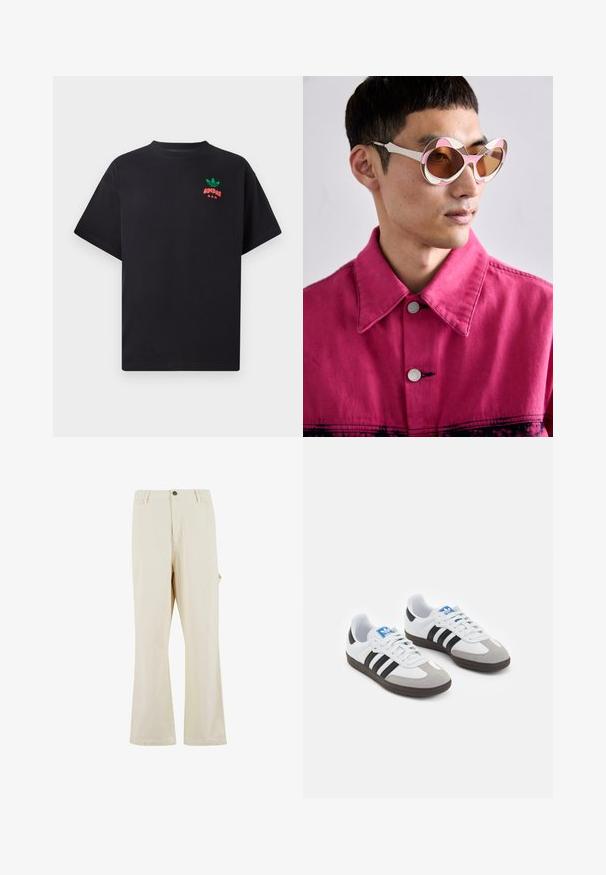 T-shirt en coton noir à manches courtes, avec un design de logo Adidas vert et rouge sur la poitrine. Coupe simple et décontractée.; Pantalons beige à jambes larges en tissu mélangé coton avec fermeture à bouton. Dotés de poches latérales et d'une texture subtile. Détails de couture visibles.; Baskets avec une tige en cuir blanc, un bout en daim gris et trois bandes noires. Présente un logo bleu sur la languette et une semelle en caoutchouc texturée.; Lunettes de soleil oversize blanches et roses avec une monture courbée, dotées de verres teintés bruns. Le modèle porte une veste en denim rose avec un col.