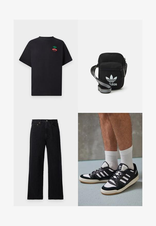 Crna pamučna majica kratkih rukava s zelenim i crvenim Adidas logotipom na prsima. Jednostavan, opušteni kroj.; Crne traperice s ravnim nogavicama, pet džepova, detaljima od bakra i minimalističkim dizajnom s blago teksturiranom završnom obradom.; Crne i bijele tenisice s gornjim dijelom od antilopa i kože, s tri bijele pruge, perforiranim prstom i gumiranim potplatom.; Crna crossover torba od tkanine sa zatvaračem, sa bijelim Adidas logotipom i prugastim podešivim remenom za lako nošenje.