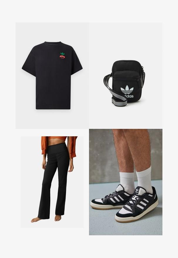 Camiseta de algodón negra de manga corta, con un diseño del logo de Adidas en verde y rojo en el pecho. Corte simple y relajado.; Pantalones acampanados de canalé negros con una cintura alta, que cuentan con una textura suave y un diseño sencillo. Los detalles incluyen un leve acampanado en el dobladillo.; Zapatillas en blanco y negro con parte superior de ante y cuero, que presentan tres franjas blancas, una puntera perforada y una suela de goma.; Bolso cruzado de tela negra con cierre de cremallera, que presenta un logo blanco de Adidas y una correa ajustable a rayas para un fácil transporte.