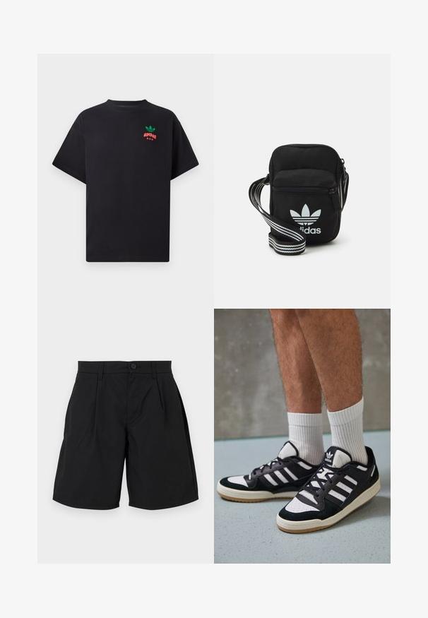 Melna kokvilnas T-kreklu ar īsām piedurknēm, kurā ir zaļš un sarkans Adidas logos dizains uz krūšu daļas. Vienkārša, brīva piegriezuma.; Melni šorti, kas izgatavoti no gludas auduma, ar pogu aizdari, divām priekšējām krokām un sānu kabatām, ar brīvu piegriezumu un taisnu apakšmalu.; Melnas un baltas kedas ar zamša un ādas augšdaļu, kas aprīkotas ar trim baltām svītrām, perforētu purngali un gumijas zolēm.; Melna auduma crossbody soma ar rāvējslēdzēja aizdari, kurai ir balts Adidas logo un svītrainas regulējamas siksnas ērtiem pārvietošanās veidiem.
