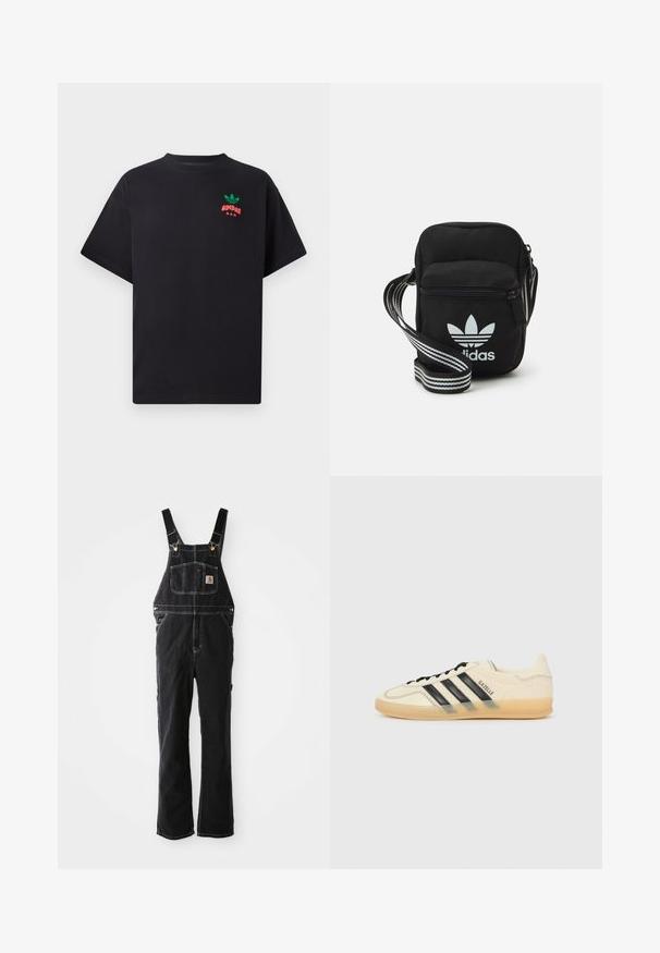 Svart bomull T-skjorte med korte ermer, med et grønt og rødt Adidas-logo design på brystet. Enkel, avslappet passform.; Svart denim overall har justerbare stropper, en frontlomme og detaljer i gullfarget metall. Stoffet har et teksturert, robust utseende.; Lys kremfarget sneaker med svart tre-stripes design, teksturert overdel, rund tå og gummisåle. Har snøring og merke på siden.; Svart stoff crossbody veske med glidelås, med en hvit Adidas-logo og enstripet justerbar stropp for enkel bæring.