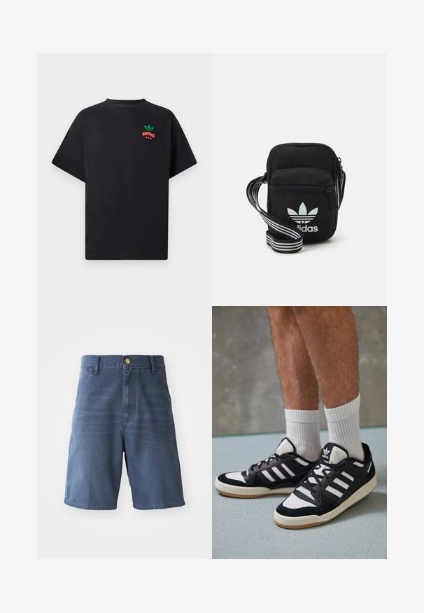 Juodas medvilnės marškinėliai trumpomis rankovėmis, su žaliu ir raudonu Adidas logotipu ant krūtinės. Paprastas, laisvas siluetas.; Tamsiai mėlynos džinsinės šortai, su mygtuko uždarymu, diržo kilpomis ir dviem priekinėmis kišenėmis. Lygus audinys su tiesiu pjūviu.; Juodos ir baltos sportinės bateliai su zomšiniu ir odiniu viršumi, su trimis baltomis juostelėmis, perforuota koja ir guminėmis padais.; Juodas audinio per petį nešiojamas krepšys su užtrauktuku, turintis baltą Adidas logotipą ir dryžuotą reguliuojamą diržą patogiam nešiojimui.