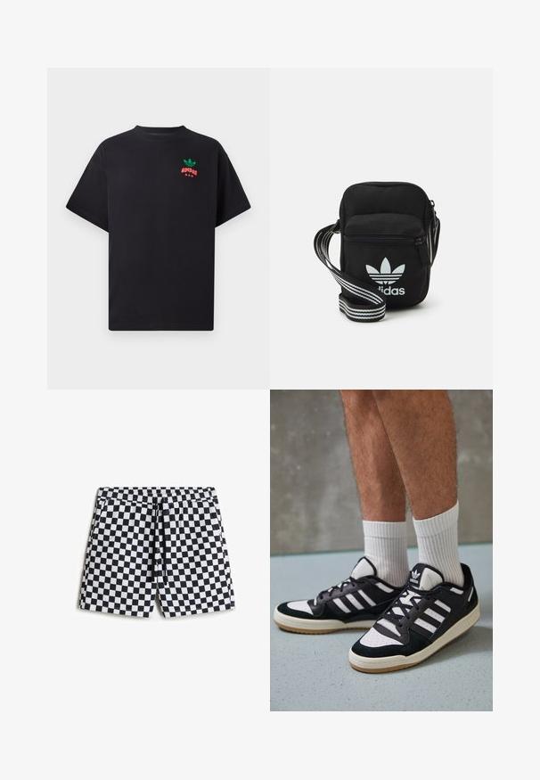 Czarny bawełniany t-shirt z krótkimi rękawami, z zielonym i czerwonym logo Adidas na piersi. Prosty, luźny krój.; Czarno-białe jedwabne kąpielówki w kratę z elastycznym pasem, sznurkiem i bocznymi kieszeniami, wykonane z gładkiego, lekkiego materiału.; Czarno-białe sneakersy z zamszową i skórzaną cholewką, z trzema białymi paskami, perforowanym czubkiem i gumową podeszwą w kolorze gumy.; Czarna torba crossbody wykonana z materiału, z zamknięciem na zamek błyskawiczny, z białym logo Adidas oraz regulowanym paskiem w paski, co ułatwia noszenie.