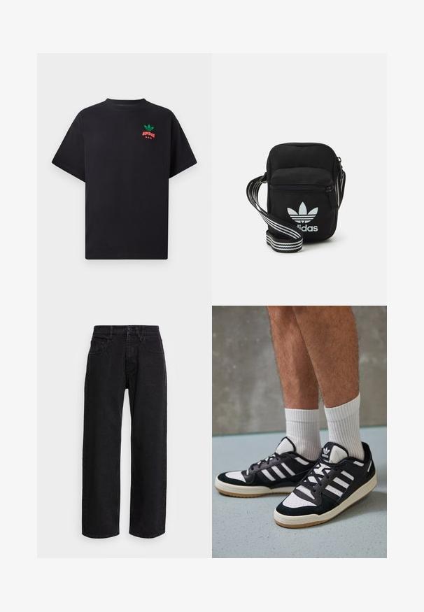 Camiseta de algodón negra de manga corta, con un diseño del logo de Adidas en verde y rojo en el pecho. Corte simple y relajado.; Pantalones de mezclilla anchos negros con cintura alta, que cuentan con cinco bolsillos y un cierre de botón. La tela tiene una textura suave y un ligero estiramiento.; Zapatillas en blanco y negro con parte superior de ante y cuero, que presentan tres franjas blancas, una puntera perforada y una suela de goma.; Bolso cruzado de tela negra con cierre de cremallera, que presenta un logo blanco de Adidas y una correa ajustable a rayas para un fácil transporte.