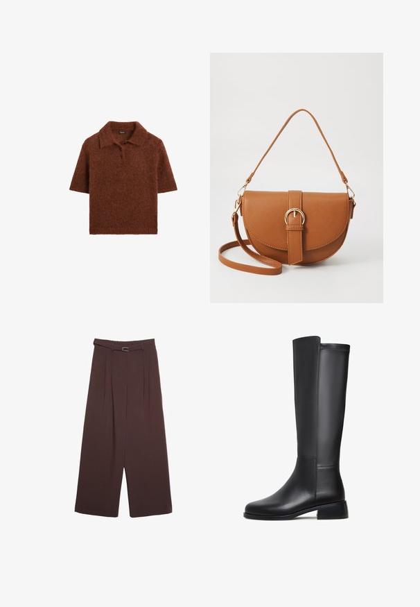 Polo en tricot marron à manches courtes avec un col et trois boutons sur le devant sur fond blanc.; Stradivarius WIDE-LEG WITH BUCKLE DETAIL - Pantalon classique - dark brown; Botte noire en cuir montant, avec une texture lisse, un bout rond, un petit talon carré et des détails de couture subtils sur le côté.; Sac bandoulière en cuir marron avec une forme incurvée, quincaillerie dorée et un accent en boucle. Comprend une bandoulière détachable.
