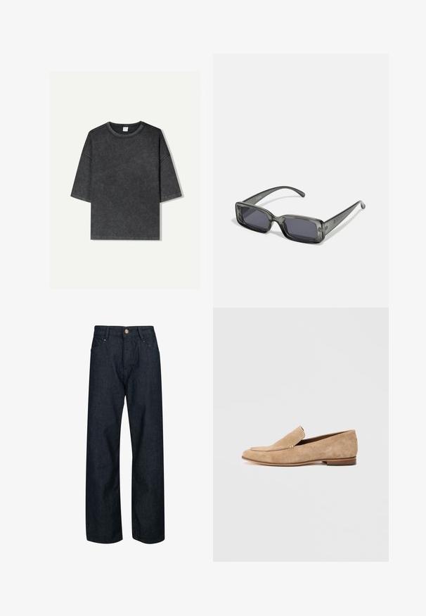 Übergröße T-Shirt mit kurzen Ärmeln in Dunkelgrau, aus Baumwolle gefertigt. Verfügt über einen runden Halsausschnitt und sichtbare Naht entlang der Kanten.; Dunkelblaue Jeans aus Denim mit geradem Schnitt, Knopfverschluss, fünf Taschen und kontrastierenden Nähten.; Beige Wildlederschlüpfer mit niedrigem Absatz, runder Zehenpartie und einer dekorativen Naht über dem Blatt. Glatte Oberfläche mit minimaler Gestaltung.; Rechteckige Sonnenbrille mit einem translucenten dunkelgrauen Rahmen, dunklen Gläsern und schlanken Bügeln. Auffälliges Logo-Detail am Rahmen.