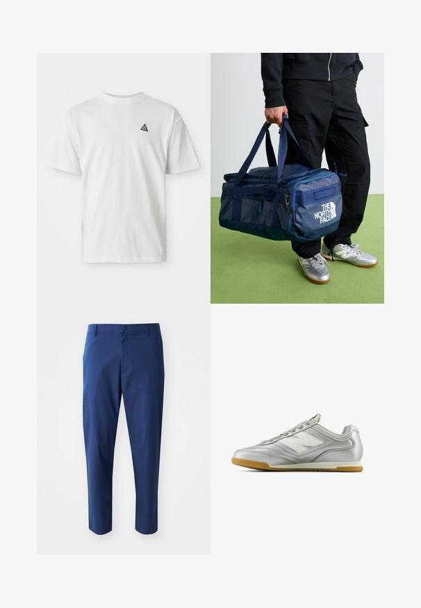 Camiseta branca de manga curta com um pequeno logótipo triangular preto contendo "acg" no lado esquerdo do peito, fundo simples.; Chinos azul marinho com uma textura suave, um cós com botão e bolsos laterais, apresentando um corte ajustado e um comprimento cropped.; Sapatilha atlética prateada com uma superfície lisa e brilhante, logo branco de um lado, cadarços cinzentos texturizados e sola em borracha de goma.; Pessoa de calças pretas e ténis prateados a segurar uma mala de duffel azul da The North Face pelas alças, em cima de um chão verde.