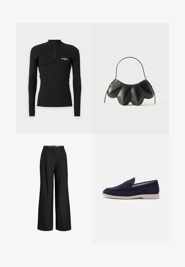 Zwarte sporttop met lange mouwen van rekbaar materiaal, met een kwart-ritssluiting, zijzakken en het logo "SILENCE" op de borst.; Zwarte wijde broek met een tailored design, met plooien en een gladde stoftextuur. Strakke lijnen en geen zichtbare hardware of accenten.; Marineblauwe suède instappers met een ronde neus en gestikte details. Voorzien van een gevoerde tong en een lichtbeige rubberen zool voor comfort.; Zwarte leren handtas met een gebogen schelpachtige vorm, voorzien van een enkele schouderband en een ritssluiting. Gladde textuur met gestikte accenten.