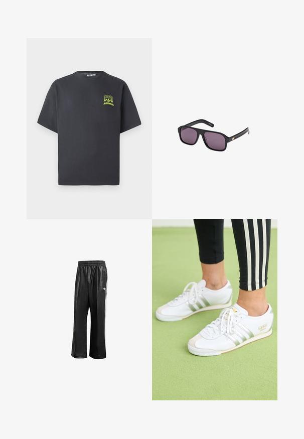 T-shirt w kolorze węgorzowym marki Adidas z krótkim rękawem i małą neonowo-zieloną grafiką głośników, słońca oraz logo Adidas na lewej klatce piersiowej.; Czarne syntetyczne spodnie dresowe z elastycznym pasem, z białymi paskami po bokach i małym białym logo na lewym biodrze.; Stopy w białych sneakersach Adidas Italia z srebrnymi paskami i sznurówkami, stojące na jasnobrązowej, teksturowanej powierzchni.; Czarne okulary przeciwsłoneczne z kwadratową oprawką, ciemnymi soczewkami i złotym logo na zauszniku. Gładki plastikowy materiał z matowym wykończeniem.