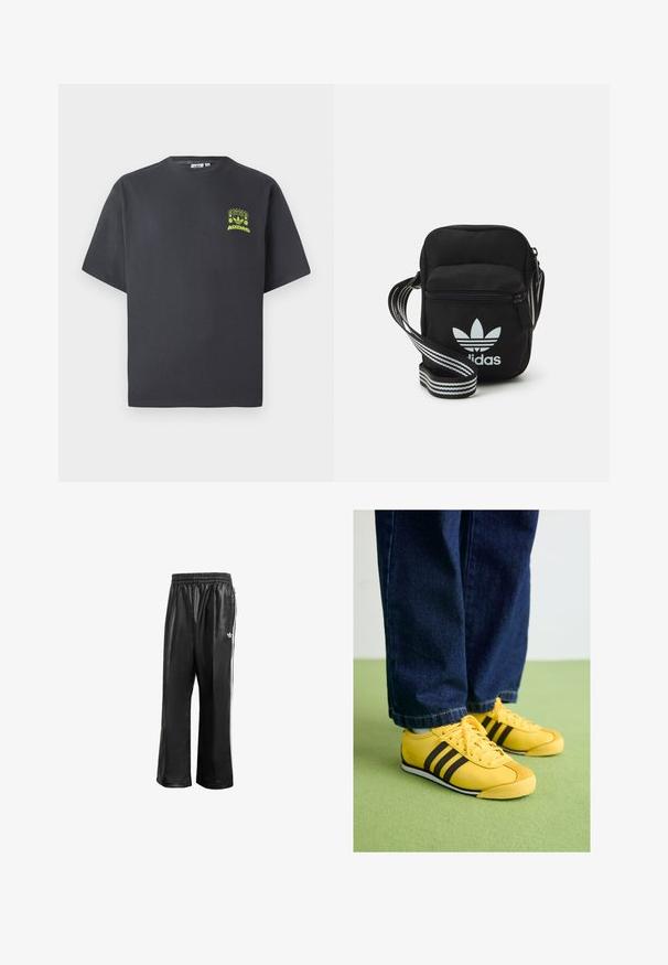 Črno-siva Adidas majica s kratkimi rokavi in majhnim neon zelenim grafičnim motivom z zvočniki, soncem in Adidasovim logotipom na levi strani prsnega koša.; Črne sintetične športne hlače z elastičnim pasom, z belimi stranskimi črtami in s majhnim belim logotipom na levem kolku.; Rumene usnjene teniske z črnimi črtami, teksturiran naslovni del in bel podplat, v paru z temnimi denim hlačami, na zeleni podlagi.; Črna tkaninska torbica čez ramo z zadrgo, ki vsebuje belo Adidasovo logo in pridelano naramnico z več črtami za enostavno nošenje.
