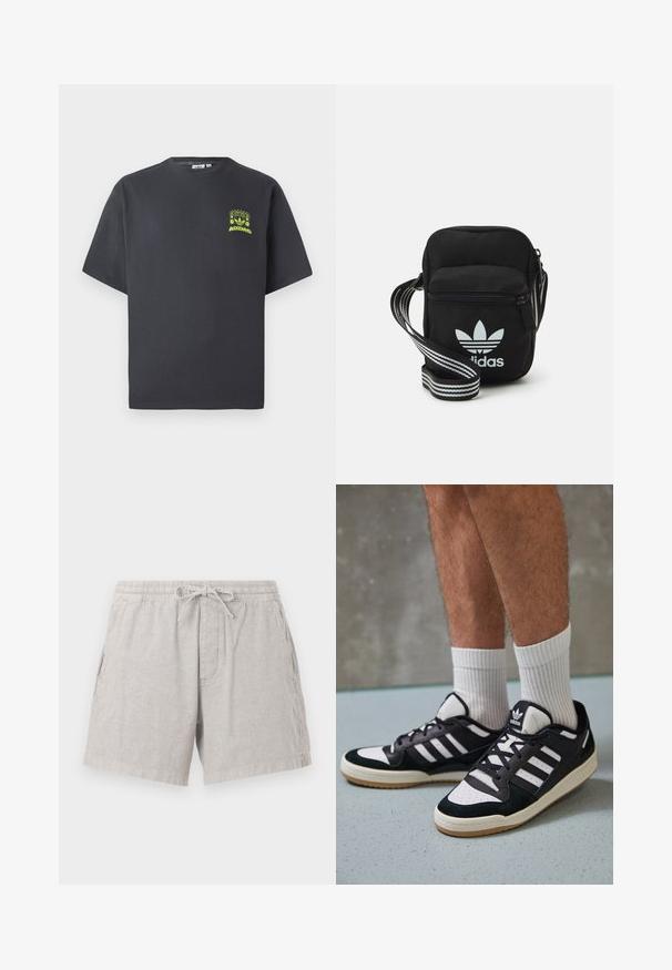 Dunkelgraues Adidas-T-Shirt mit kurzen Ärmeln und einem kleinen neongrünen Aufdruck von Lautsprechern, Sonne und dem Adidas-Logo auf der linken Brust.; Grau leinene Shorts mit einem elastischen Bund und Kordelzug. Verfügt über Seitentaschen und eine lockere Passform, mit einer dezenten Textur.; Schwarz-weiße Sneaker mit einem Obermaterial aus Wildleder und Leder, ausgestattet mit drei weißen Streifen, einer perforierten Zehenpartie und einer Sohle aus Gummi.; Schwarze Umhängetasche aus Stoff mit Reißverschluss, ausgestattet mit einem weißen Adidas-Logo und einem gestreiften, verstellbaren Tragegurt für einfachen Transport.