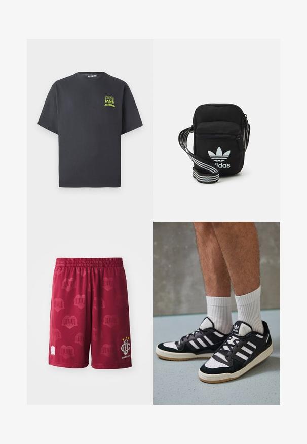Camiseta de Adidas en gris carbón con mangas cortas y un pequeño gráfico en neón verde de altavoces, sol y el logo de Adidas en el lado izquierdo del pecho.; Pantalones cortos deportivos color burdeos con una cinturilla elástica, que presentan un sutil estampado de corazones y un logo blanco con tres estrellas en una de las piernas.; Zapatillas en blanco y negro con parte superior de ante y cuero, que presentan tres franjas blancas, una puntera perforada y una suela de goma.; Bolso cruzado de tela negra con cierre de cremallera, que presenta un logo blanco de Adidas y una correa ajustable a rayas para un fácil transporte.