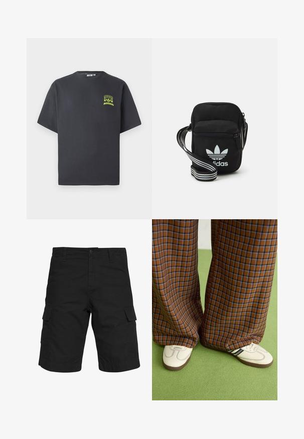 Koolgrijze Adidas T-shirt met korte mouwen en een kleine neon groene graphic van luidsprekers, zon en het Adidas-logo op de linkerkant van de borst.; Zwarte cargo shorts van geweven stof, met twee zijzakken, een knoopsluiting en een rechte snit die tot aan de knie reikt.; Bruine en blauwe geruite wijde broek, gecombineerd met witte schoenen met zwarte accenten en een gestructureerde zool, gezet tegen een groene achtergrond.; Zwarte stoffen schoudertas met een ritssluiting, voorzien van een wit Adidas-logo en een gestreepte, verstelbare schouderband voor gemakkelijk dragen.