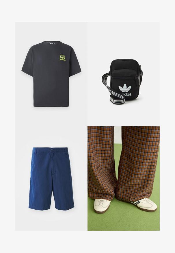 Camiseta de Adidas en gris carbón con mangas cortas y un pequeño gráfico en neón verde de altavoces, sol y el logo de Adidas en el lado izquierdo del pecho.; Pantalones cortos de algodón azul marino con cierre frontal de botón, bolsillos laterales y corte recto, que presentan una textura suave y sin patrones visibles.; Pantalones de pata de elefante de cuadros marrones y azules combinados con zapatos blancos con detalles en negro y suelas texturizadas, sobre un fondo verde.; Bolso cruzado de tela negra con cierre de cremallera, que presenta un logo blanco de Adidas y una correa ajustable a rayas para un fácil transporte.