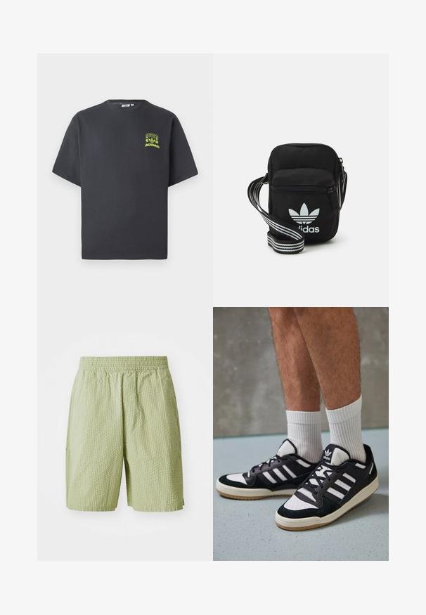 Kullgrå Adidas t-skjorte med korte ermer og en liten neongrønn grafikk av høyttalere, sol og Adidas-logo på venstre bryst.; Lyse grønne shorts laget av teksturert stoff, med elastisk midjebånd og sidelommer. Designet inkluderer et subtilt vaffelmønster.; Sorte og hvite sneakers med overdel i semsket skinn og lær, med tre hvite striper, perforert tå og en såle av gummi.; Svart stoff crossbody veske med glidelås, med en hvit Adidas-logo og enstripet justerbar stropp for enkel bæring.