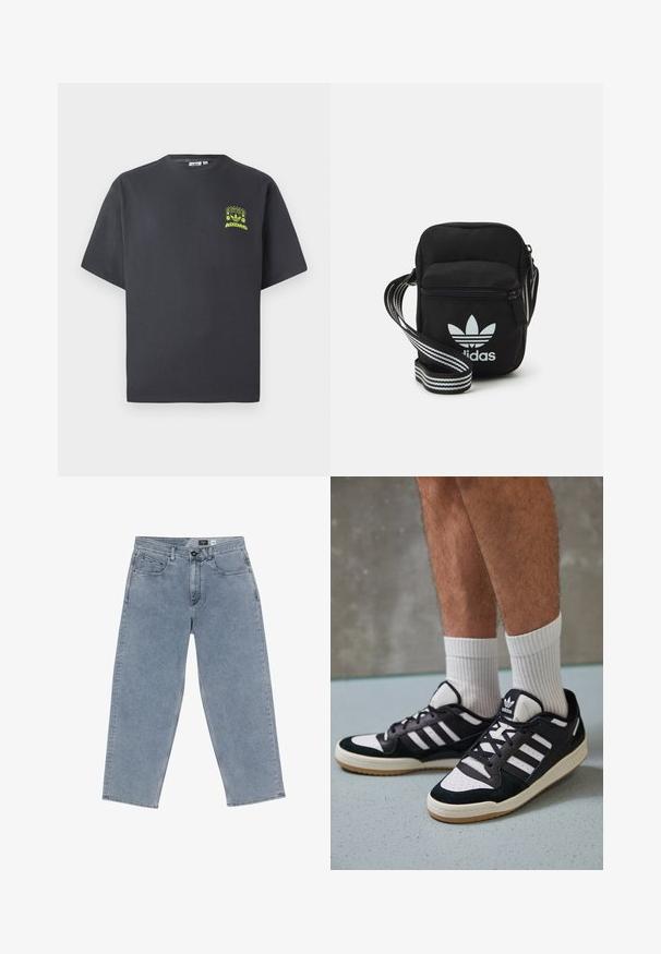 Söe phühaline Adidas T-särk, lühikeste varrukatega, tumesüsinest värvi, vasakul rinnal on väike helesinine graafiline kujutis kõlaritest, päikesest ja Adidas'i logost.; Heledad denimist sinised laiad püksid nööbiga kinnitamine, viis taskut ja sirged lõiked. Pehme tekstuur, minimaalne kulumine ja puhas õmblus.; Mustvalged ja valged spordijalatsid, mille pealmine osa on valmistatud suede'ist ja nahast. Kingadel on kolm valget riba, auguline varvas ja kummist tald.; Mustmust värvi risti koti, millel on tõmblukuga sulgemine, valge Adidas'i logo ja triibuline reguleeritav rihm mugavaks kandmiseks.