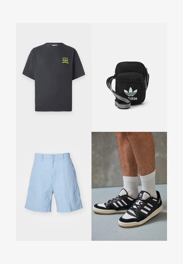 Kullgrå Adidas t-skjorte med korte ermer og en liten neongrønn grafikk av høyttalere, sol og Adidas-logo på venstre bryst.; Lyseblå linshorts med knapp- og glidelåslukking, med to sidelommer og en avslappet passform. Klar tekstur, midt på låret lengde.; Sorte og hvite sneakers med overdel i semsket skinn og lær, med tre hvite striper, perforert tå og en såle av gummi.; Svart stoff crossbody veske med glidelås, med en hvit Adidas-logo og enstripet justerbar stropp for enkel bæring.
