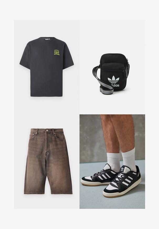 Antracitové šedé tričko Adidas s krátkymi rukávmi a malou neónovo zelenou grafikou reproduktorov, slnka a loga Adidas na ľavej hrudi.; Džínové šortky vo vyblednutej hnedej farbe s priamym strihom. Obsahujú päť vreciek, pútka na opasok a zapínanie na gombík v páse.; Čierno-biele tenisky s vrchom z semišu a kože, s troma bielymi pruhmi, perforovanou špičkou a gumovou podrážkou.; Čierna textilná crossbody taška so zipsovým uzáverom, ktorá má biele logo Adidas a pruhovaný nastaviteľný popruh pre jednoduché nosenie.
