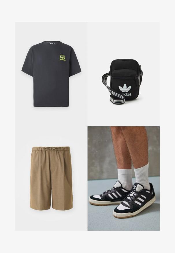 Črno-siva Adidas majica s kratkimi rokavi in majhnim neon zelenim grafičnim motivom z zvočniki, soncem in Adidasovim logotipom na levi strani prsnega koša.; Rjavi nabrani kratki hlače z elastičnim pasom in nastavljivim vrvico. Narejene so iz gladkega, lahkega materiala z ravno krojenimi nogavicami.; Črno-bele superge z zgornjim delom iz usnja in nubuka, ki imajo tri bele črte, perforiran vrh prstov in podplat iz gume.; Črna tkaninska torbica čez ramo z zadrgo, ki vsebuje belo Adidasovo logo in pridelano naramnico z več črtami za enostavno nošenje.