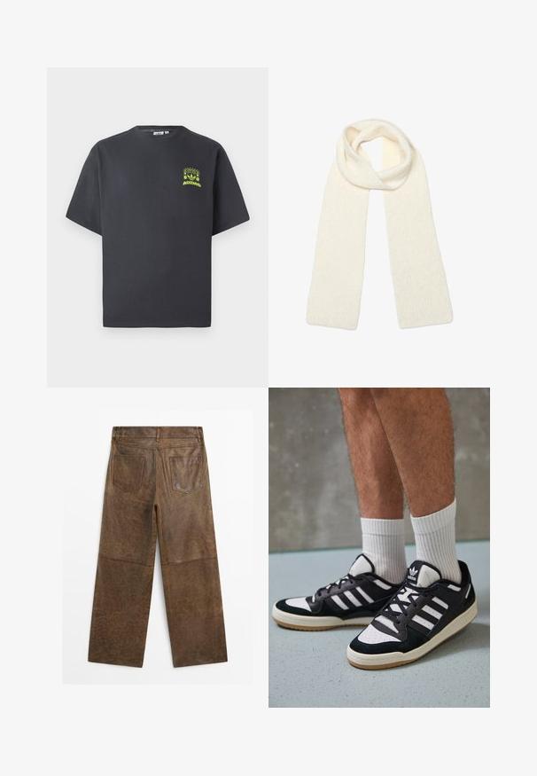Koolgrijze Adidas T-shirt met korte mouwen en een kleine neon groene graphic van luidsprekers, zon en het Adidas-logo op de linkerkant van de borst.; Bruine leren wijde broek met twee achterzakken en zichtbare stiksels, vanaf de achterkant weergegeven op een witte achtergrond.; Zwart-witte sneakers met een bovenwerk van suede en leer, voorzien van drie witte strepen, een geperforeerde neus en een rubberen gumzool.; Zachte, gebreide crèmekleurige sjaal, losjes gevouwen aan de bovenkant met beide uiteinden recht naar beneden hangend.