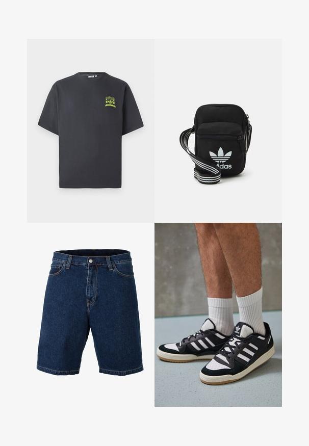 T-shirt Adidas gris charbon à manches courtes avec un petit graphique néon vert représentant des haut-parleurs, un soleil et le logo Adidas sur la poitrine gauche.; Shorts en denim bleu foncé avec une coupe droite, une taille régulière et une fermeture à bouton en métal ; présente des coutures et un ourlet contrastants en jaune.; Baskets noir et blanc avec une tige en suède et cuir, comportant trois rayures blanches, un bout perforé et une semelle en caoutchouc gum.; Sac bandoulière noir en tissu avec fermeture éclair, arborant un logo Adidas blanc et une sangle réglable rayée pour un port facile.