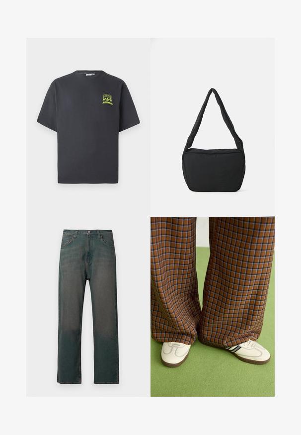 Γκρίζο ανθρακί T-shirt Adidas με κοντά μανίκια και ένα μικρό νεοναπράσινο γραφικό με ηχεία, ήλιο και το λογότυπο της Adidas στο αριστερό στήθος.; Σκούρο πράσινο τζιν με ευθεία γραμμή στα πόδια, διαθέτοντας κλασικό σχέδιο με πέντε τσέπες και αντίθετη ραφή κατά μήκος των ραφών.; Καφέ και μπλε καρό παντελόνια με φαρδιά πόδια, σε συνδυασμό με λευκά παπούτσια που έχουν μαύρες λεπτομέρειες και υφασμάτινες σόλες, τοποθετημένα σε πράσινο φόντο.; Μαύρη τσάντα ώμου με μαλακή υφή, στρογγυλή μορφή και φαρδύ λουρί, που διαθέτει ανάγλυφο λογότυπο στο μπροστινό μέρος.