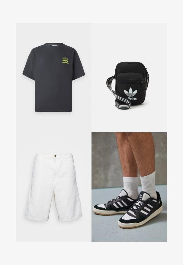 T-shirt Adidas gris charbon à manches courtes avec un petit graphique néon vert représentant des haut-parleurs, un soleil et le logo Adidas sur la poitrine gauche.; Shorts en coton blanc à coupe droite, avec fermeture à bouton et passants de ceinture, texture lisse et design arrivant au genou.; Baskets noir et blanc avec une tige en suède et cuir, comportant trois rayures blanches, un bout perforé et une semelle en caoutchouc gum.; Sac bandoulière noir en tissu avec fermeture éclair, arborant un logo Adidas blanc et une sangle réglable rayée pour un port facile.