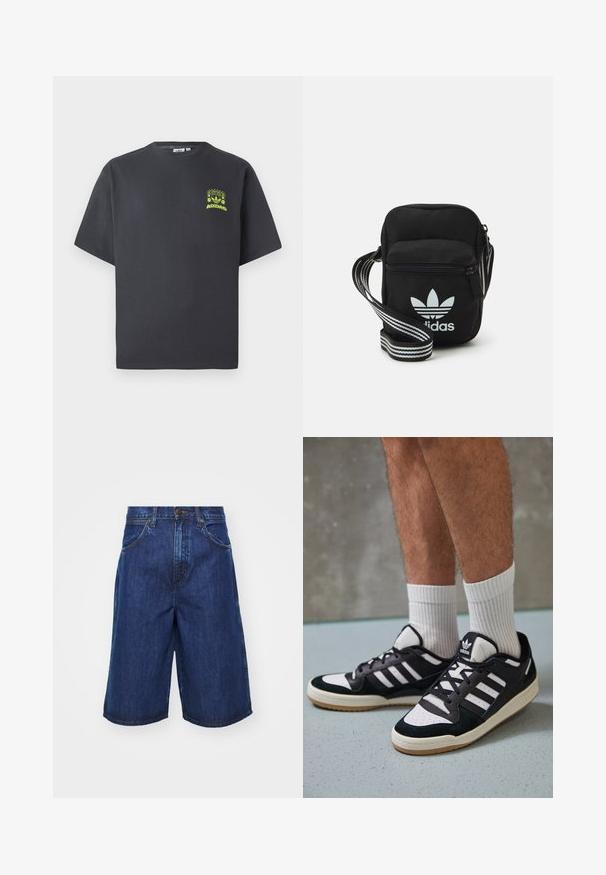 Camiseta de Adidas en gris carbón con mangas cortas y un pequeño gráfico en neón verde de altavoces, sol y el logo de Adidas en el lado izquierdo del pecho.; Pantalones cortos de denim en azul oscuro, con un ajuste holgado, grandes bolsillos laterales y detalles de costura visibles. Cintura de altura media con cierre de botón.; Zapatillas en blanco y negro con parte superior de ante y cuero, que presentan tres franjas blancas, una puntera perforada y una suela de goma.; Bolso cruzado de tela negra con cierre de cremallera, que presenta un logo blanco de Adidas y una correa ajustable a rayas para un fácil transporte.