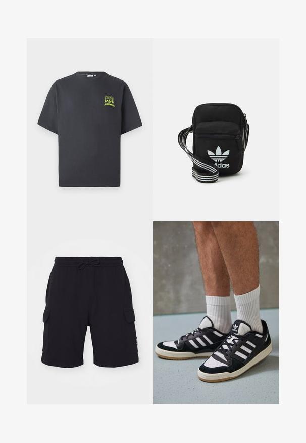 Charcoal gray Adidas T-shirt with short sleeves and a small neon green graphic of speakers, sun, and Adidas logo on left chest.; Black cargo shorts with an elastic waistband and drawstring. Features two side pockets and a small logo patch on the right side.; Black and white sneakers with a suede and leather upper, featuring three white stripes, a perforated toe, and a gum rubber sole.; Black fabric crossbody bag with a zipper closure, featuring a white Adidas logo and a striped adjustable strap for easy carrying.