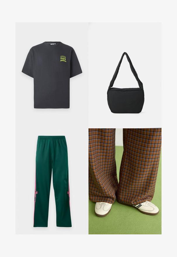 Tumši pelēkā krāsā Adidas T-kreklā ar īsām piedurknēm un mazu neona zaļa grafiku ar skaļruņiem, sauli un Adidas logo kreisajā krūtī.; Zaļi sporta bikses ar brīvu piegriezumu, kurām ir rozā sānu svītras un Adidas logo uz apakšējā kājas. Mīksta tekstūra, elastīgs jostasvieds.; Brūni un zili rūtaini platās kājas bikses, kas savienotas ar baltām kurpēm ar melniem akcentiem un teksturētām zolēm, uz zaļa fona.; Melnas plecu soma ar mīkstu tekstūru, apaļu formu un plašu siksnu, ar uzspiestu logotipu priekšpusē.