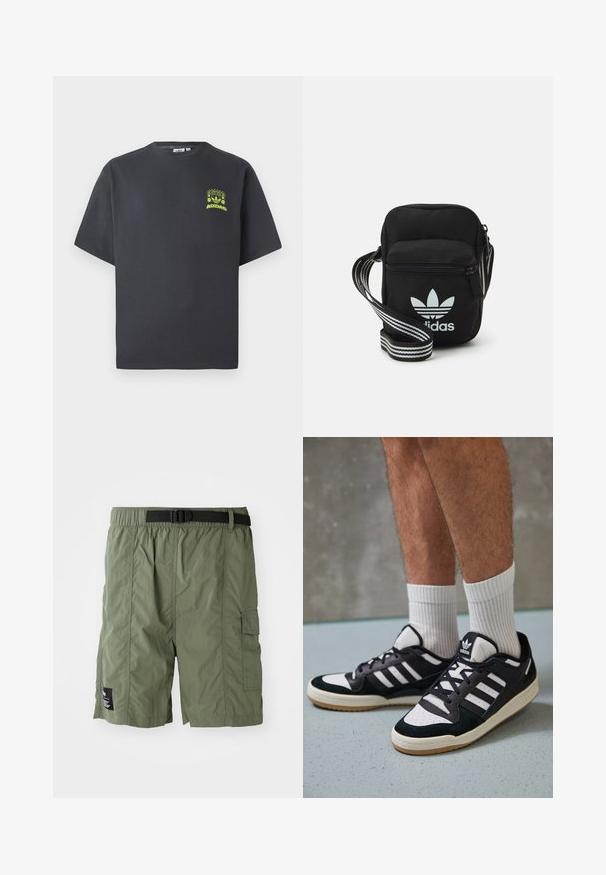 Tumši pelēkā krāsā Adidas T-kreklā ar īsām piedurknēm un mazu neona zaļa grafiku ar skaļruņiem, sauli un Adidas logo kreisajā krūtī.; Olīvu zaļi cargo šorti ar elastīgu jostu un melnu sprādzi. Iespējas: sānu kabatas un mazs zīmola uzlīme uz apakšējās kājas.; Melnas un baltas kedas ar zamša un ādas augšdaļu, kas aprīkotas ar trim baltām svītrām, perforētu purngali un gumijas zolēm.; Melna auduma crossbody soma ar rāvējslēdzēja aizdari, kurai ir balts Adidas logo un svītrainas regulējamas siksnas ērtiem pārvietošanās veidiem.