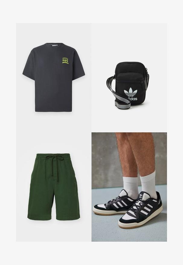 T-paita hiiligraniteväriä, jossa on lyhyet hihat ja pieni neonvihreä kuva kaiuttimista, auringosta ja Adidas-logosta vasemmalla rinnassa.; Vihreät puuvillahousut, joissa on joustava vyötärö ja säädettävä nauha. Ominaisuuksiin kuuluvat sivutaskut ja rento istuvuus. Pinta on sileä.; Valkoiset ja mustat tennarit, joissa on mokkanahka- ja nahkapäällinen, kolme valkoista raitaa, rei'itetty kärki ja kumipohja.; Musta kangas olkalaukku vetoketjulla, jossa on valkoinen Adidas-logo ja raidallinen säädettävä hihna helppoa kantamista varten.