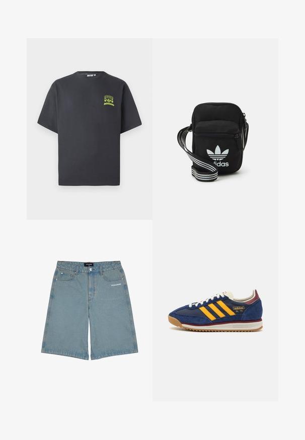 Anglies pilkos spalvos Adidas marškinėliai trumpomis rankovėmis su mažu neoninės žalios spalvos grafikų, vaizduojančiu garsiakalbius, saulę ir Adidas logotipą, kairėje krūtinės pusėje.; Šviesiai mėlyni džinsiniai šortai, pasižymintys laisvu siluetu, dviem priekinėmis kišenėmis ir baltu logotipu kairiajame šone. Kraštai nupjauti neapdorotai.; Jūrinis nubuko sportbačių modelis su geltonomis juostelėmis, baltais raišteliais ir bordo akcentais. Su tekstūruota padanga su grioveliais, užtikrinančiais sukibimą. Prekės ženklas ant šono.; Juodas audinio per petį nešiojamas krepšys su užtrauktuku, turintis baltą Adidas logotipą ir dryžuotą reguliuojamą diržą patogiam nešiojimui.