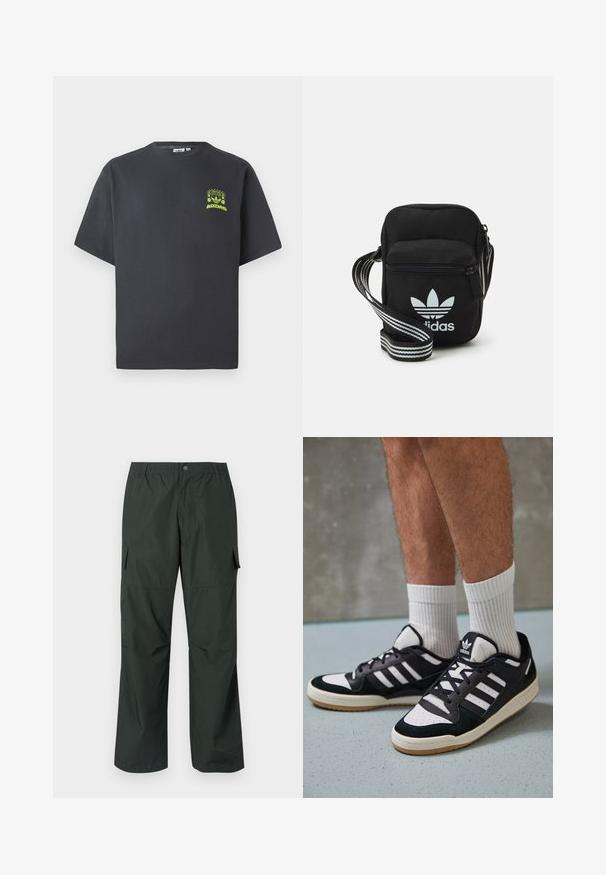 Kullgrå Adidas t-skjorte med korte ermer og en liten neongrønn grafikk av høyttalere, sol og Adidas-logo på venstre bryst.; Mørkegrønne cargo-bukser med en løs passform, elastisk talje, sydde lommer og en glatt, lett stoffstruktur.; Sorte og hvite sneakers med overdel i semsket skinn og lær, med tre hvite striper, perforert tå og en såle av gummi.; Svart stoff crossbody veske med glidelås, med en hvit Adidas-logo og enstripet justerbar stropp for enkel bæring.