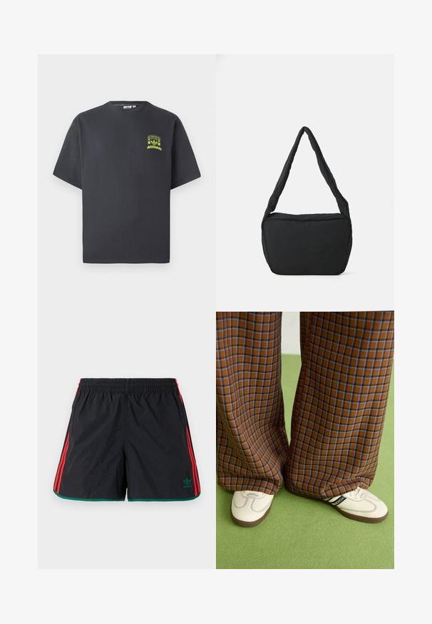 T-shirt Adidas de cor cinza carvão com mangas curtas e um pequeno gráfico em neon verde de altifalantes, sol e o logo da Adidas no lado esquerdo do peito.; Calções pretos com riscas laterais vermelhas e uma barra verde. Cintura elástica com o logótipo verde da Adidas do lado esquerdo. Material leve.; Calças largas em padrão xadrez castanho e azul, combinadas com sapatos brancos com detalhes pretos e solas texturizadas, contra um fundo verde.; Saco preto de ombro com uma textura almofadada, uma forma arredondada e uma alça larga, apresentando um logótipo em relevo na parte da frente.
