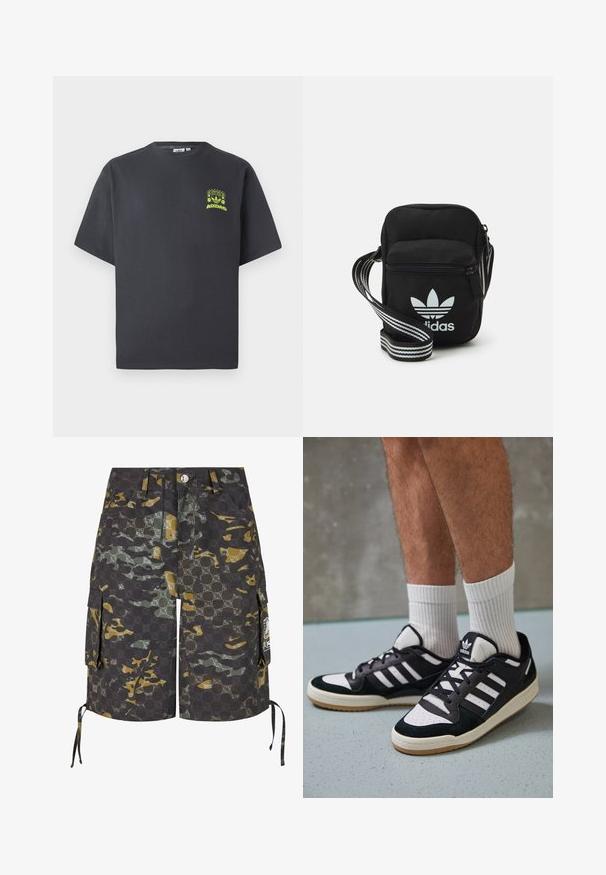 Anglies pilkos spalvos Adidas marškinėliai trumpomis rankovėmis su mažu neoninės žalios spalvos grafikų, vaizduojančiu garsiakalbius, saulę ir Adidas logotipą, kairėje krūtinės pusėje.; Kargo šortai iš kamufliažo audinio su tamsiai pilkais, žaliais ir geltonais raštais. Įtrauktos šoninės kišenės ir reguliuojami raišteliai.; Juodos ir baltos sportinės bateliai su zomšiniu ir odiniu viršumi, su trimis baltomis juostelėmis, perforuota koja ir guminėmis padais.; Juodas audinio per petį nešiojamas krepšys su užtrauktuku, turintis baltą Adidas logotipą ir dryžuotą reguliuojamą diržą patogiam nešiojimui.