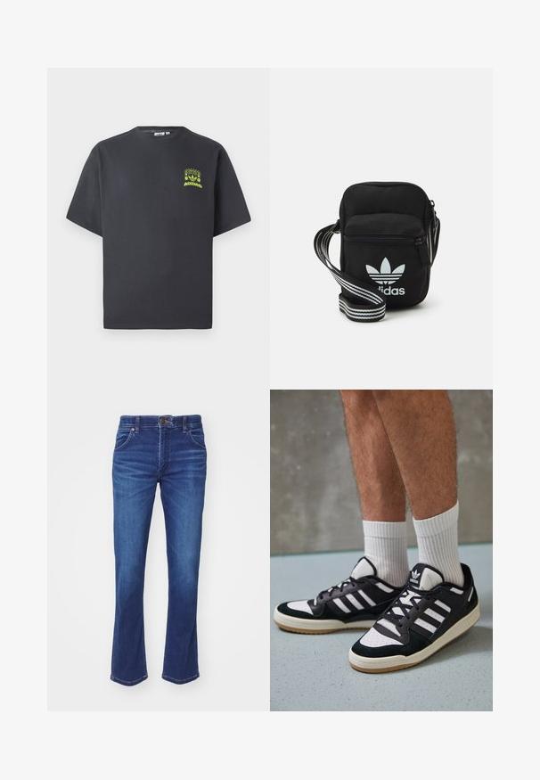 Söe phühaline Adidas T-särk, lühikeste varrukatega, tumesüsinest värvi, vasakul rinnal on väike helesinine graafiline kujutis kõlaritest, päikesest ja Adidas'i logost.; Sinine denimist laienevaktelised teksad keskmise kõrgusega vöökohaga, klassikalise viie taskuga disain ja sujuv tekstuur; õmblused ja õmblused on nähtavad.; Mustvalged ja valged spordijalatsid, mille pealmine osa on valmistatud suede'ist ja nahast. Kingadel on kolm valget riba, auguline varvas ja kummist tald.; Mustmust värvi risti koti, millel on tõmblukuga sulgemine, valge Adidas'i logo ja triibuline reguleeritav rihm mugavaks kandmiseks.