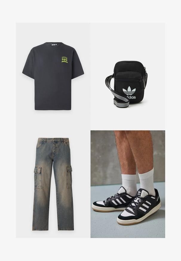 Camiseta de Adidas en gris carbón con mangas cortas y un pequeño gráfico en neón verde de altavoces, sol y el logo de Adidas en el lado izquierdo del pecho.; Pantalones cargo de mezclilla en un color azul desgastado, de corte holgado, con dos grandes bolsillos laterales, costuras rematadas y un diseño clásico de cinturilla.; Zapatillas en blanco y negro con parte superior de ante y cuero, que presentan tres franjas blancas, una puntera perforada y una suela de goma.; Bolso cruzado de tela negra con cierre de cremallera, que presenta un logo blanco de Adidas y una correa ajustable a rayas para un fácil transporte.