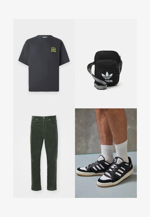 Kullgrå Adidas t-skjorte med korte ermer og en liten neongrønn grafikk av høyttalere, sol og Adidas-logo på venstre bryst.; Grønne kordfløjelbukser med lige ben, der har fem lommer, metalknaplukning og tekstureret ribbet overflade.; Sorte og hvite sneakers med overdel i semsket skinn og lær, med tre hvite striper, perforert tå og en såle av gummi.; Svart stoff crossbody veske med glidelås, med en hvit Adidas-logo og enstripet justerbar stropp for enkel bæring.