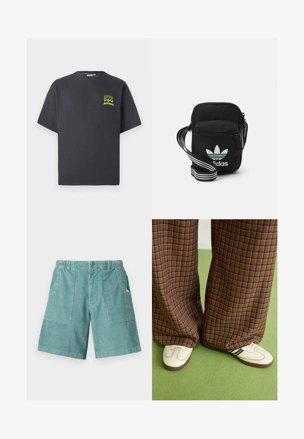 T-shirt Adidas di colore grigio carbone con maniche corte e una piccola grafica neon verde di altoparlanti, sole e logo Adidas sul lato sinistro del petto.; Pantaloni corti in corduroy di cotone in un verde acqua chiaro, con cinturino elasticizzato, due tasche laterali e un taglio alla ginocchia. Strisce verticali testurizzate.; Pantaloni a pieghe larghi a quadri marroni e blu abbinati a scarpe bianche con dettagli neri e suole testurizzate, posizionati su uno sfondo verde.; Borsa a tracolla in tessuto nero con chiusura a zip, caratterizzata da un logo Adidas bianco e una tracolla regolabile a righe per un facile trasporto.