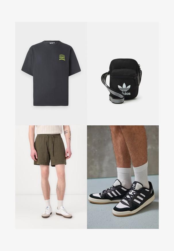 Anglies pilkos spalvos Adidas marškinėliai trumpomis rankovėmis su mažu neoninės žalios spalvos grafikų, vaizduojančiu garsiakalbius, saulę ir Adidas logotipą, kairėje krūtinės pusėje.; Alyvuogių spalvos šortai su elastinga juostele ir raišteliu, turi šonines kišenes ir tiesų siluetą, pagaminti iš lengvos medžiagos.; Juodos ir baltos sportinės bateliai su zomšiniu ir odiniu viršumi, su trimis baltomis juostelėmis, perforuota koja ir guminėmis padais.; Juodas audinio per petį nešiojamas krepšys su užtrauktuku, turintis baltą Adidas logotipą ir dryžuotą reguliuojamą diržą patogiam nešiojimui.