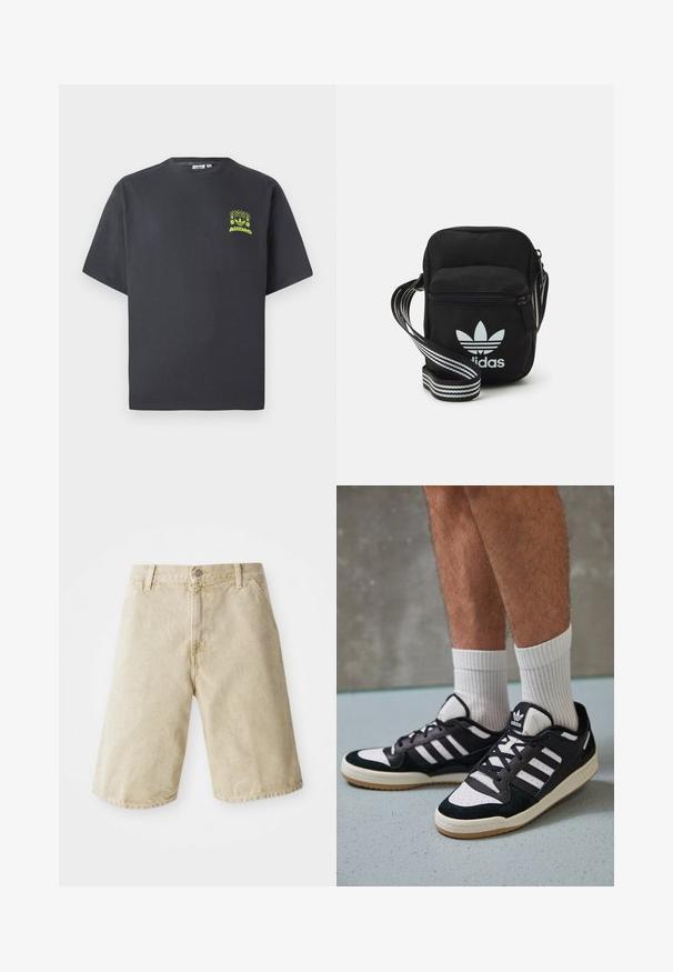Kullgrå Adidas t-skjorte med korte ermer og en liten neongrønn grafikk av høyttalere, sol og Adidas-logo på venstre bryst.; Beige denimshorts med rett snitt, fem lommer, frontknapp og glidelås, og subtil fading på stoffet.; Sorte og hvite sneakers med overdel i semsket skinn og lær, med tre hvite striper, perforert tå og en såle av gummi.; Svart stoff crossbody veske med glidelås, med en hvit Adidas-logo og enstripet justerbar stropp for enkel bæring.