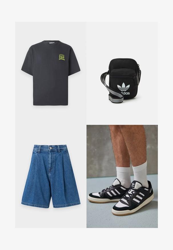 Kullgrå Adidas t-skjorte med korte ermer og en liten neongrønn grafikk av høyttalere, sol og Adidas-logo på venstre bryst.; Blå denim bermudashorts med plisserte fronter, med standard midje og knappelukking. Glatt tekstur og rette ben.; Sorte og hvite sneakers med overdel i semsket skinn og lær, med tre hvite striper, perforert tå og en såle av gummi.; Svart stoff crossbody veske med glidelås, med en hvit Adidas-logo og enstripet justerbar stropp for enkel bæring.